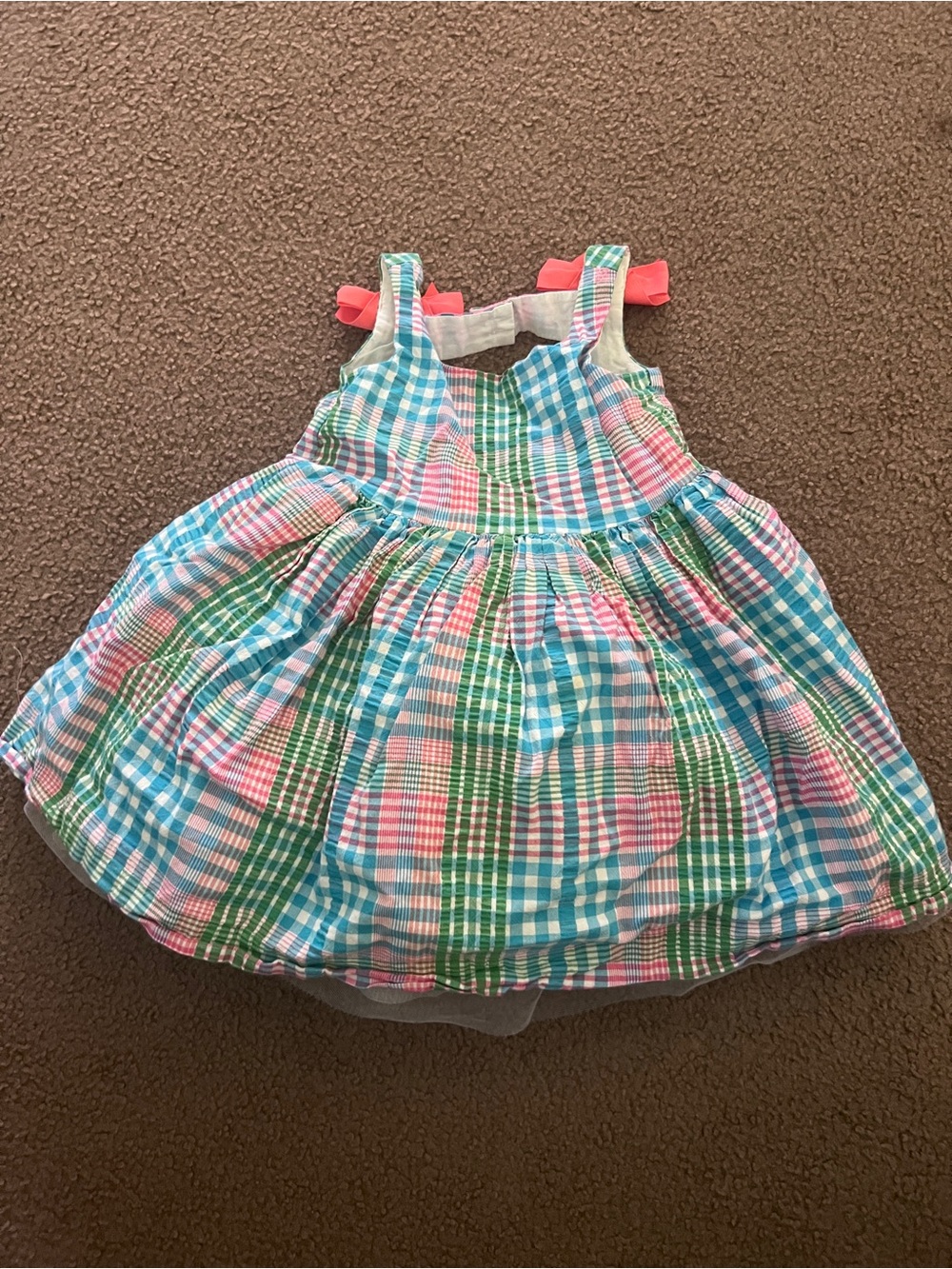Janie and Jack Coral Pink Aqua Green Plaid Cotton Dress